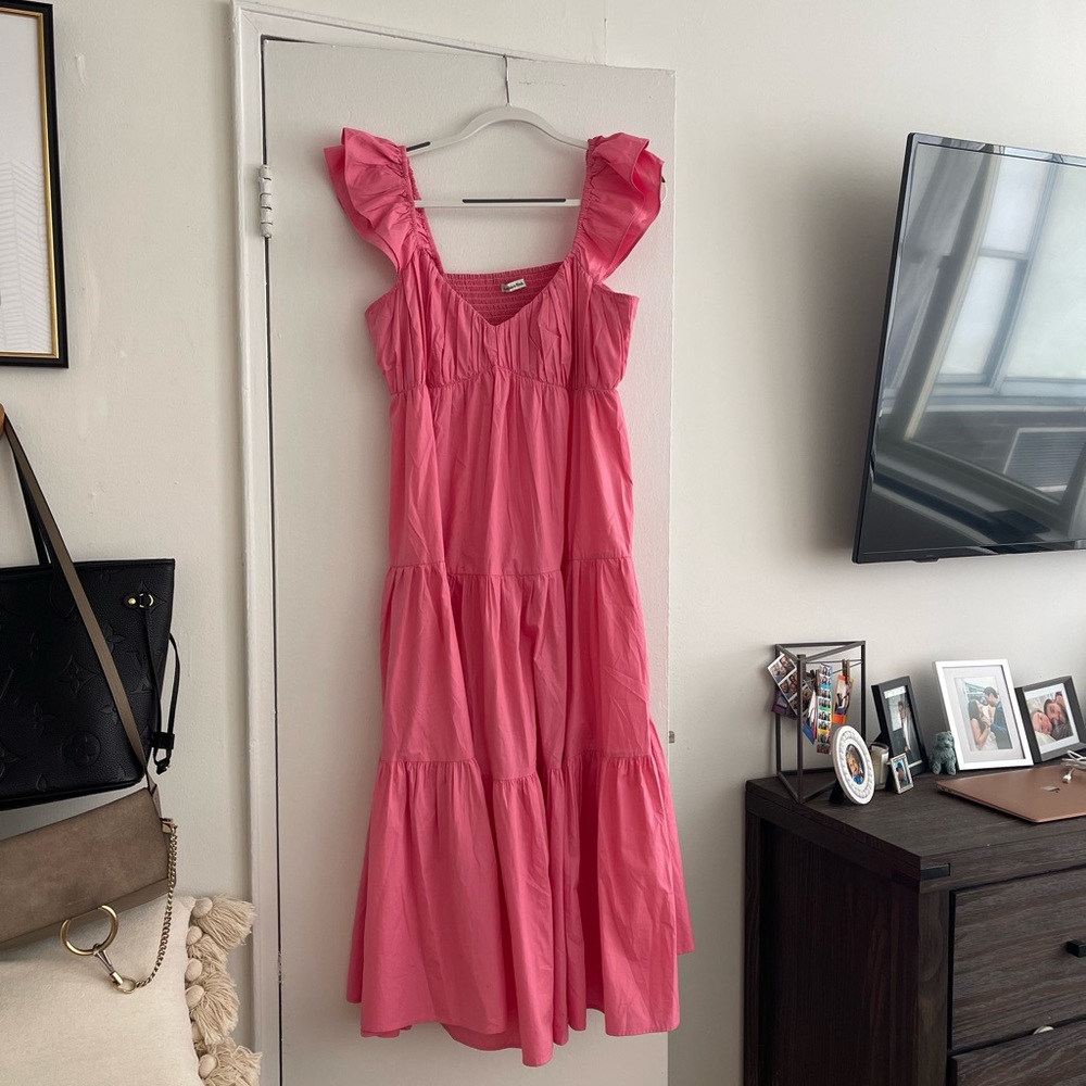 Abercrombie Poplin Sleeve Maxi Dress HOT PINK